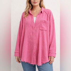 Aerie Pink Oversized Distressed Button Down Shirt Size XS